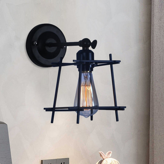 Retro Style Cubic Shade Metal Wall Sconce Lamp - 1 Head Light With Wire Guard In Black For Bedroom