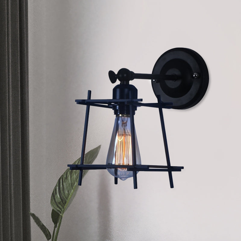 Retro Style Cubic Shade Metal Wall Sconce Lamp - 1 Head Light With Wire Guard In Black For Bedroom