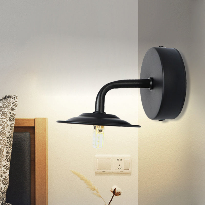 Industrial Black Finish Wall Sconce With Metallic Flat Shade - Bedroom Mounted Lamp