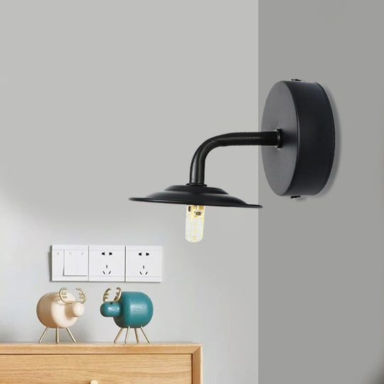 Industrial Black Finish Wall Sconce With Metallic Flat Shade - Bedroom Mounted Lamp