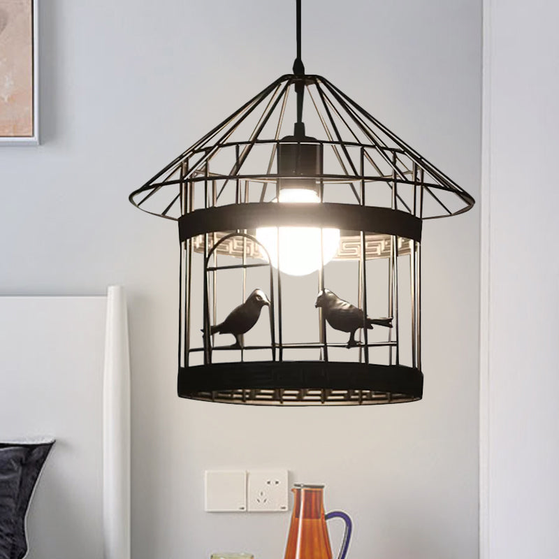 Rustic Birdcage Pendant Light With Bird Decoration - Black Metal 1 Head