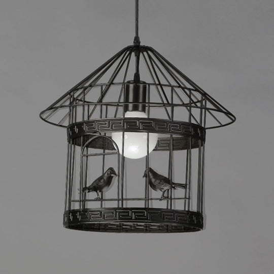 Rustic Birdcage Pendant Light With Bird Decoration - Black Metal 1 Head