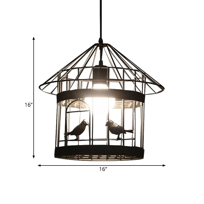 Rustic Birdcage Pendant Light With Bird Decoration - Black Metal 1 Head