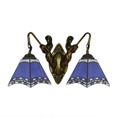 Mediterranean Antique Bronze Wall Sconce With Blue Glass 2-Head Pyramid Design