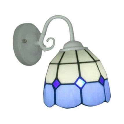 Tiffany Lattice White Wall Sconce With Blue Edge - Art Glass Lamp (1 Light) For Restaurants