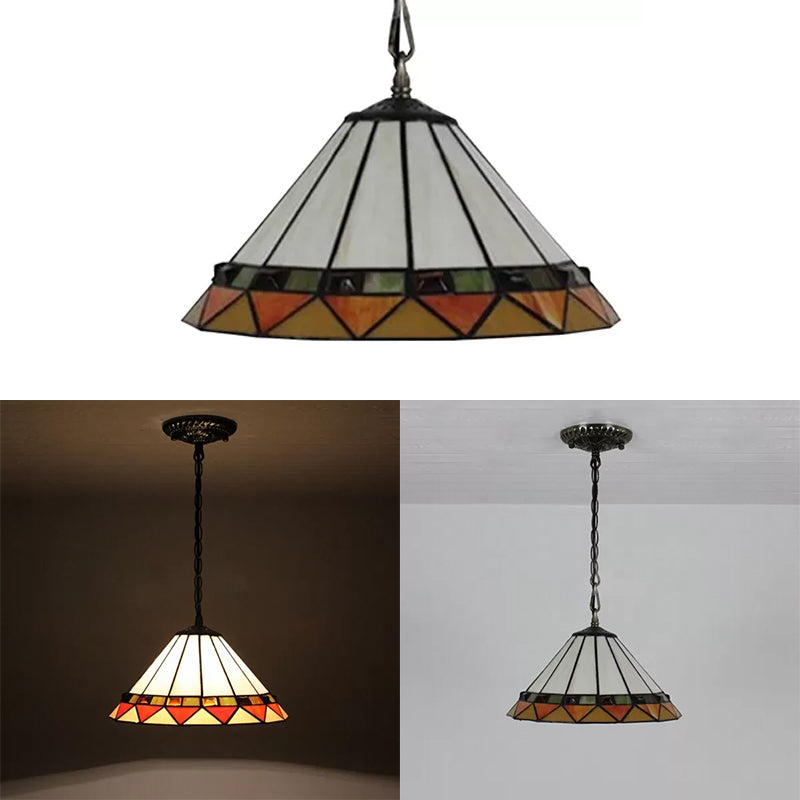 Handcrafted Tiffany-Style 2-Headed Suspension Lamp with Fish Tail, Gem, and Triangle Art Glass in Beige