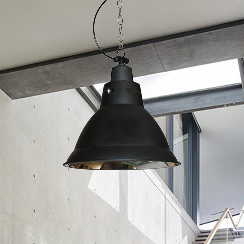 Farmhouse Black Metal Dome Pendant Light With Chain For Stairway 12 Width