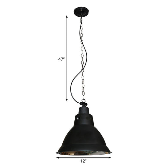 Farmhouse Black Metal Dome Pendant Light with Chain - 12" W