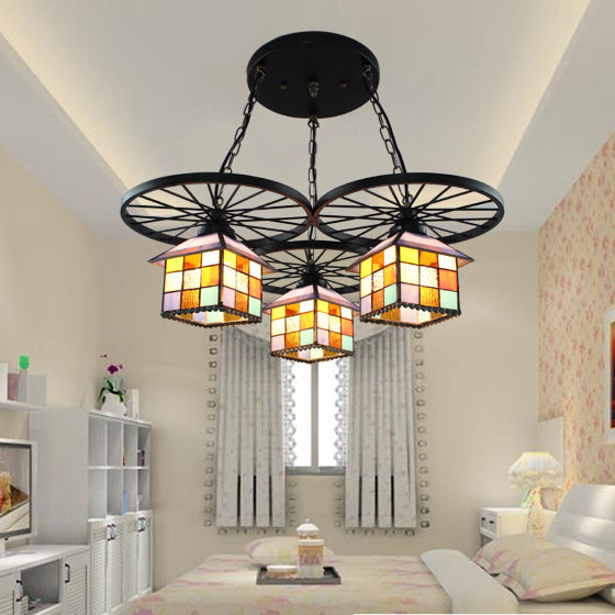 Tiffany Stained Glass Chandelier With Wheel House Design - Creative Suspension Light For Hotels