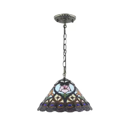 Tiffany Floral Pendant Light in Aged Brass- Adjustable, Stained Glass Lamp for the Ceiling or Dining Table