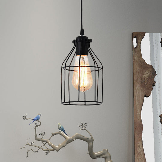 Black Metal Birdcage Pendant Ceiling Light For Living Room - Loft Style 1 Head Fixture