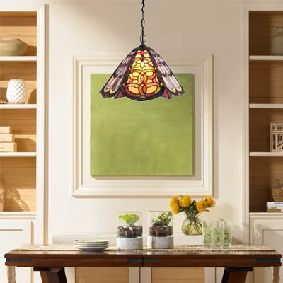 Tiffany Floral Pendant Light in Aged Brass- Adjustable, Stained Glass Lamp for the Ceiling or Dining Table