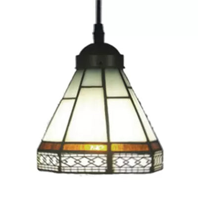 Tiffany-Style Stained Glass Conical Drop Lamp: Beige/Green/Blue Pendant Light for Living Room