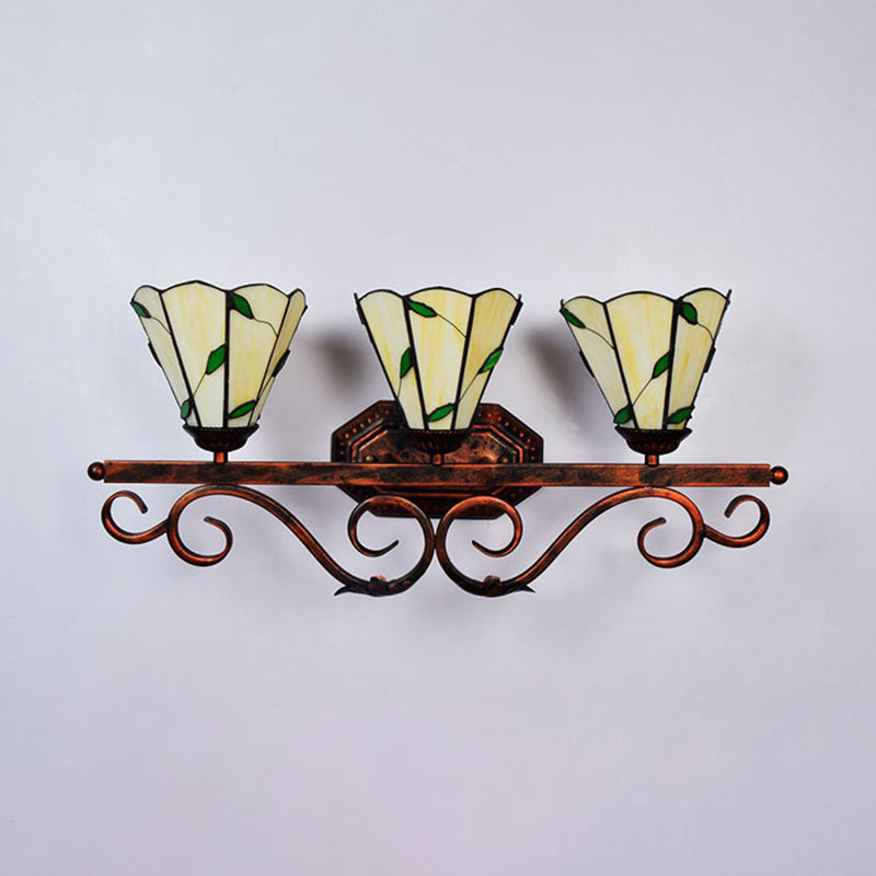 Leaf Pattern 3-Light Tiffany Wall Sconce For Corridor With Stained Glass