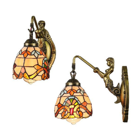 Victorian Tiffany Stained Glass Sconce Lighting With Mermaid - Bell Wall Light