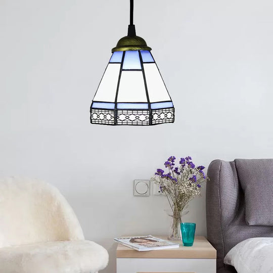 Tiffany-Style Stained Glass Drop Lamp: Conical Design Beige/Green/Blue Pendant Light For Living Room