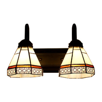 Beige Glass Tiffany Sconce With Conical Shade - Wall Mounted 2-Headed Black Light Fixture