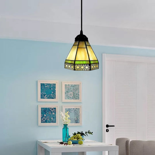 Tiffany-Style Stained Glass Drop Lamp: Conical Design Beige/Green/Blue Pendant Light For Living Room