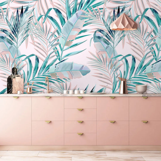 Lily's Soft Pink Tropical Leaves Wallpaper