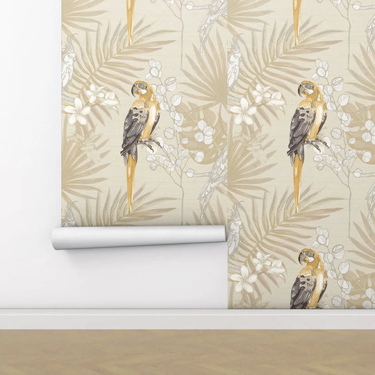 Chloe's Peel and Stick Wallpaper - Botanica Tropical Parrot Yellow Black Galerie Wallpaper