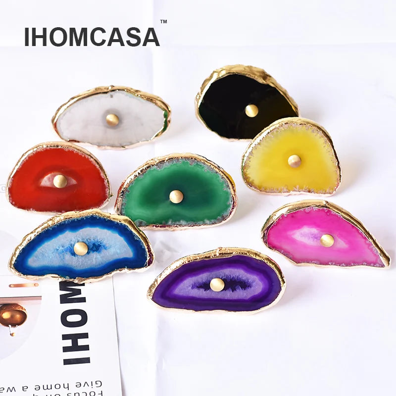 Violeta IHOMCASA Luxurious Brass Crystal Furniture Door Handles Wardrobe Cupboard Cabinet Knob Drawer Pull Natural Agate Stone Nordic