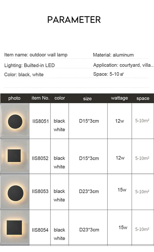 Modern IP65 Waterproof Outdoor LED Wall Lamp Aluminum Round Squar Wall Light Garden Porch Sconce Light 96V 220V Sconce Luminaire