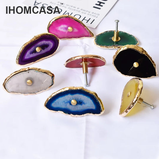 Violeta IHOMCASA Luxurious Brass Crystal Furniture Door Handles Wardrobe Cupboard Cabinet Knob Drawer Pull Natural Agate Stone Nordic