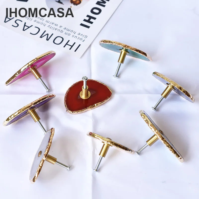 Violeta IHOMCASA Luxurious Brass Crystal Furniture Door Handles Wardrobe Cupboard Cabinet Knob Drawer Pull Natural Agate Stone Nordic