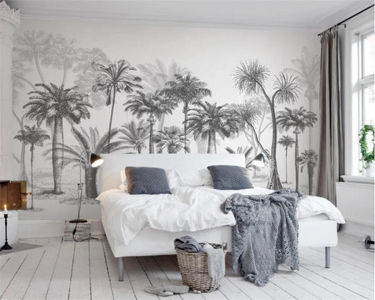 New customized size wallpaper black and white big tree tropical rainforest coconut tree 3d murals self-adhesive 3d wallpaper