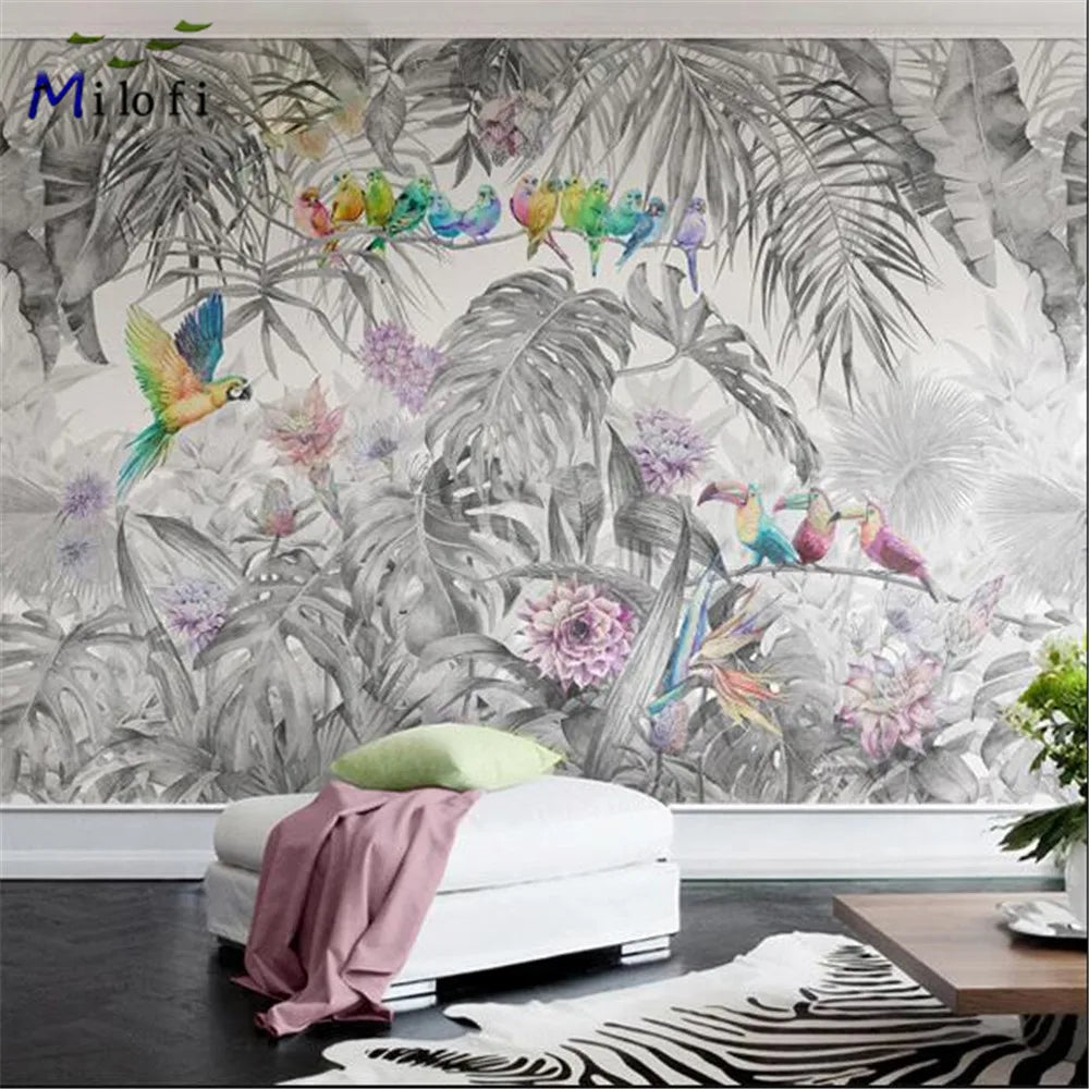 Mia's Milofi Nordic Wallpaper: Tropical Rainforest Flowers and Birds