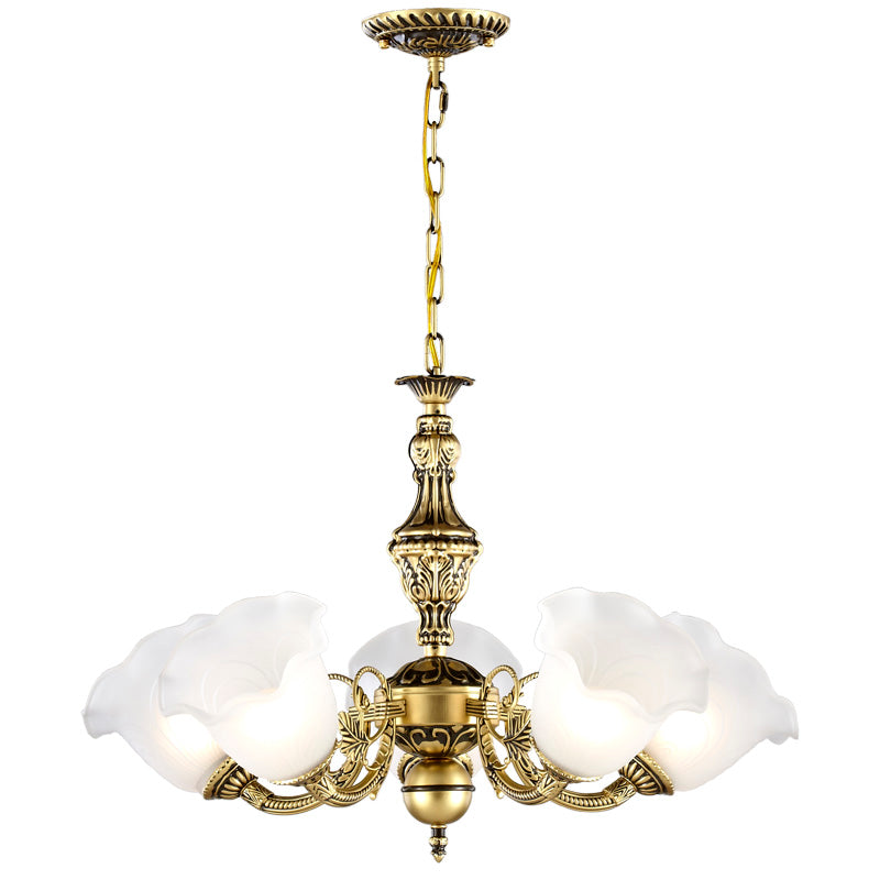 Antique Brass Flower Chandelier Lamp With Frosted Glass - 5-Head Ceiling Hang Light For Living Room