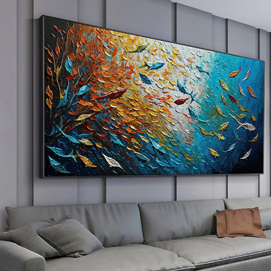 Everlee Abstract Blue Sea Fish Canvas Painting: Nordic Art Graffiti