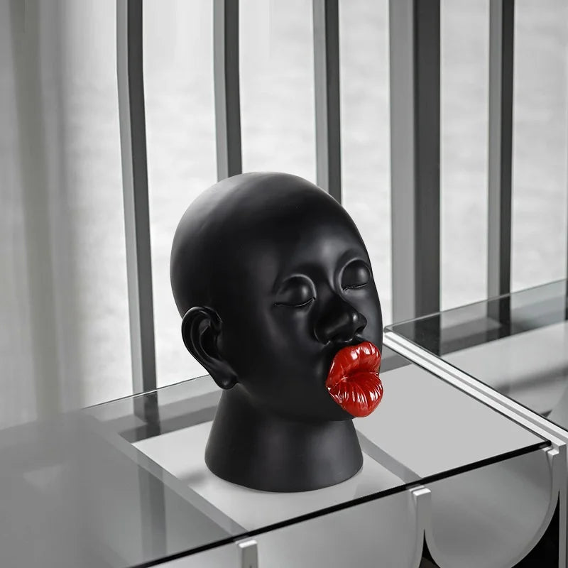 Sophia's Modern Black Red Lip Desktop Female Figure Head Decoration