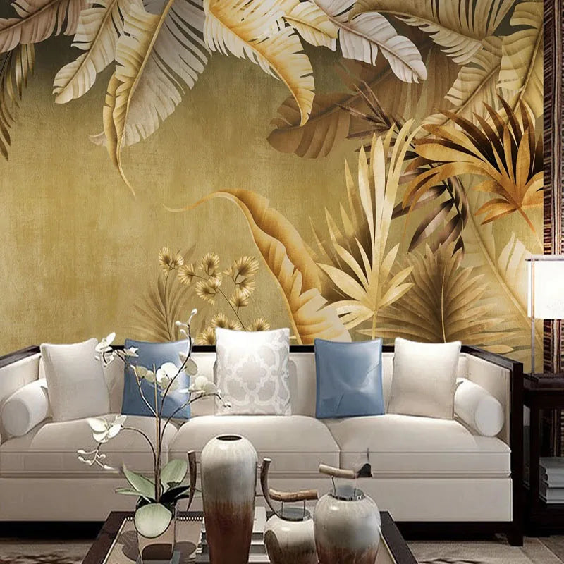 Emily's  Transform Your Space with Custom 3D Golden Leaf Mural Wallpaper