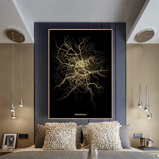 Ella's Gold Black World City Map Wall Art Canvas Painting: Elevate Your Living Space