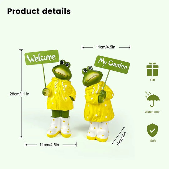 Cora's Resin Couple Frog Ornament With Welcome Sign Outdoor Garden Sculpture Statue