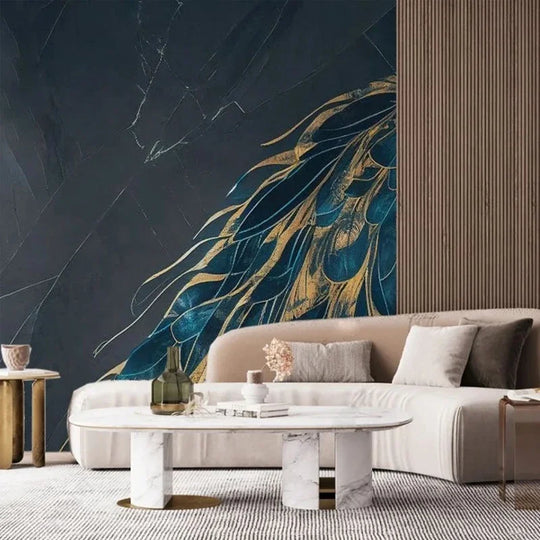 Sutton Modern Minimalist Art Wallpaper - Large Size 3D Golden Peacock Dark Black Mural