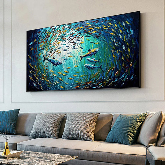 Everlee Abstract Blue Sea Fish Canvas Painting: Nordic Art Graffiti