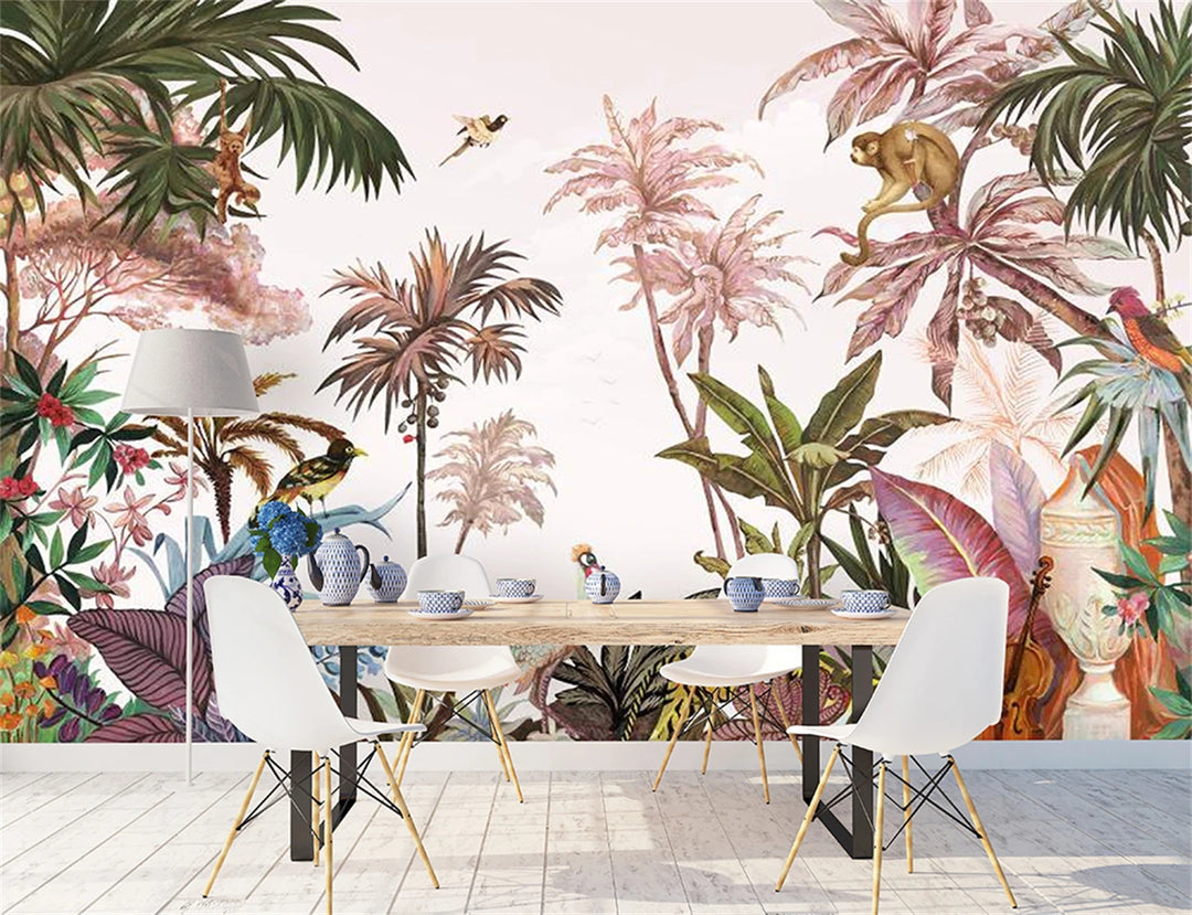 Lily's Custom Pink Southeast Asian Tropical Plant Monkey Mural Wallpaper