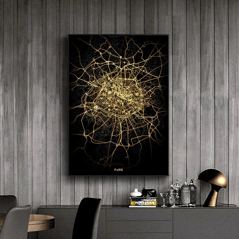 Ella's Gold Black World City Map Wall Art Canvas Painting: Elevate Your Living Space