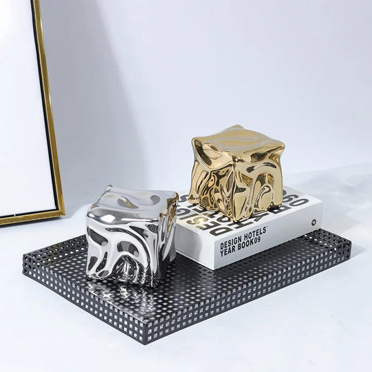 Hazel Ceramic Geometric Square Irregular Fold Pattern Ice Block Gold Ornament: Modern Elegance