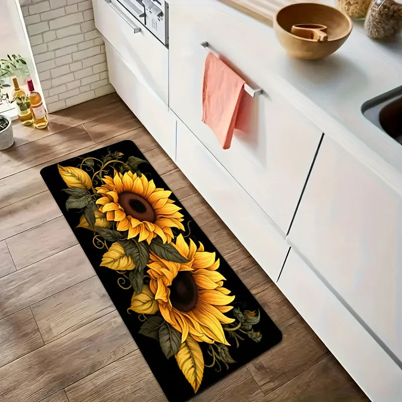 1pc Sunflower kitchen rug, non-slip machine washable flannel floor mat, suitable for hallway door kitchens