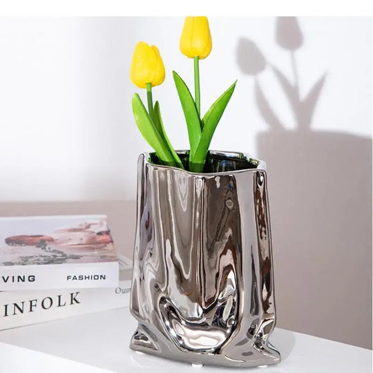 Amaia Electroplated Cloth Bag Ceramic Vase: Stylish Tabletop Decor