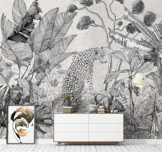 Emily's Custom 3D Wallpaper Mural: Retro Tropical Plants in Black and White