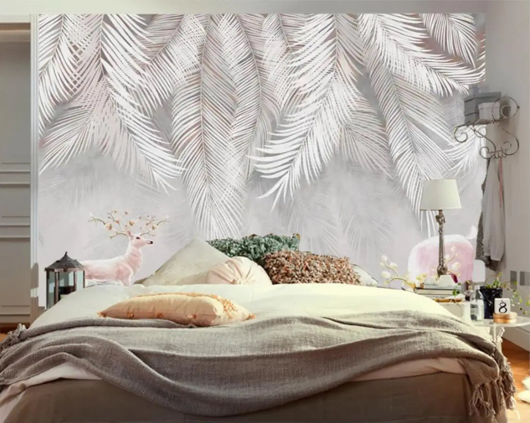 Chloe's Custom Wallpaper: European Tropical Rainforest Plant Black and White Leaf Mural