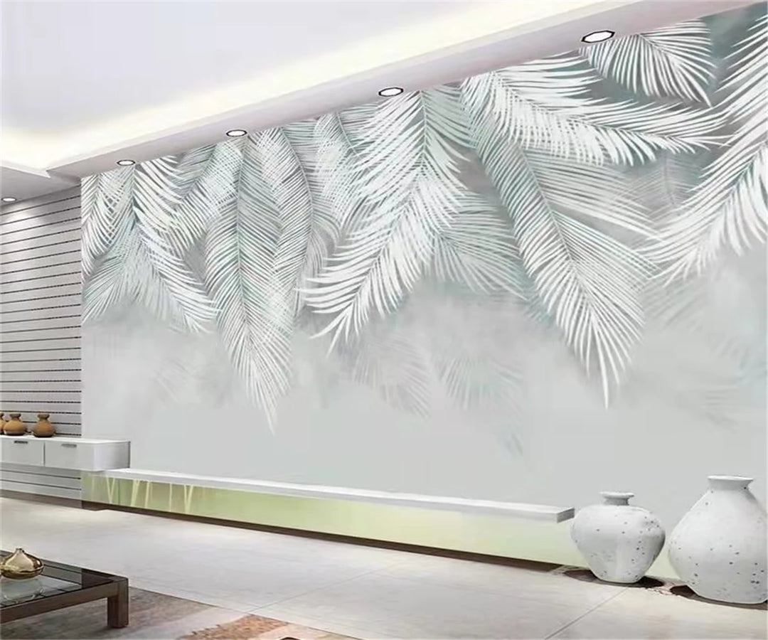 Chloe's Custom Wallpaper: European Tropical Rainforest Plant Black and White Leaf Mural