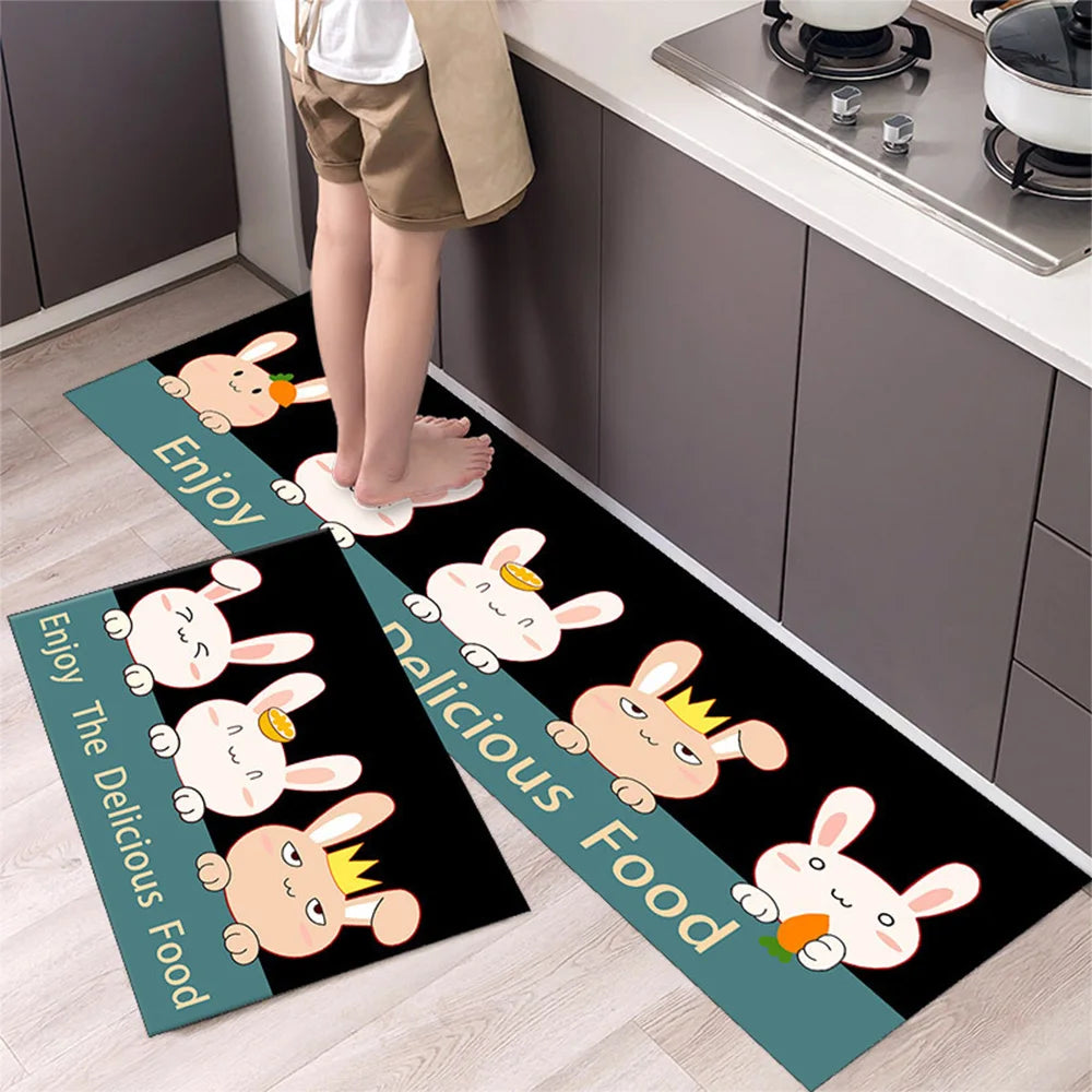 Cute Rabbit Animals Pattern Anti-Slip Polyester Kitchen Carpet Waterproof Easy To Clean Door Mat Outdoor Living Room Floor Mat