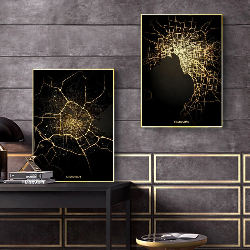 Ella's Gold Black World City Map Wall Art Canvas Painting: Elevate Your Living Space