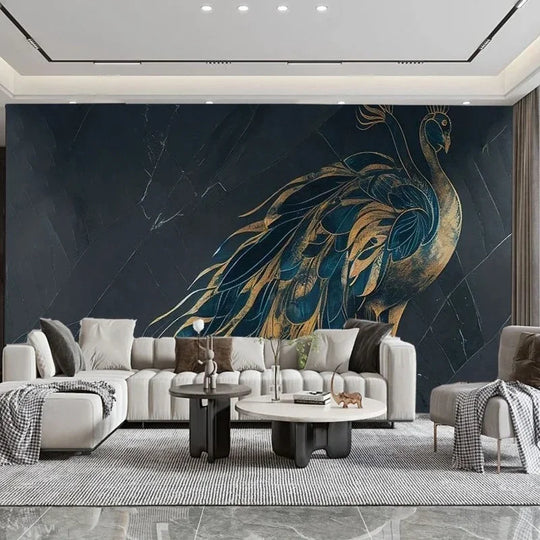 Sutton Modern Minimalist Art Wallpaper - Large Size 3D Golden Peacock Dark Black Mural