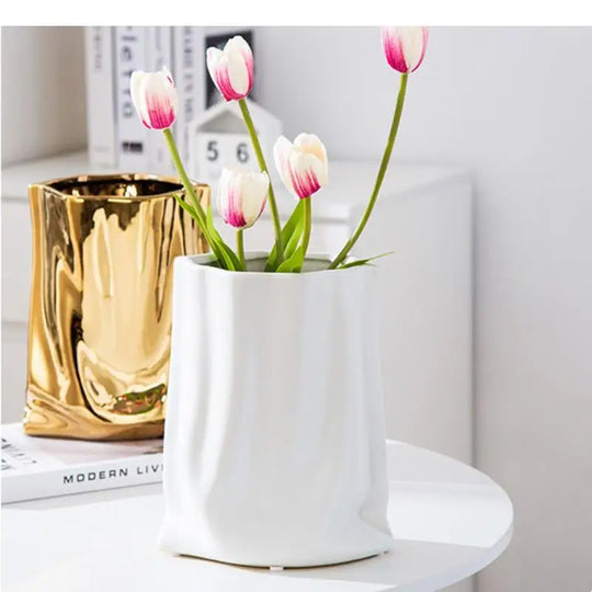 Amaia Electroplated Cloth Bag Ceramic Vase: Stylish Tabletop Decor